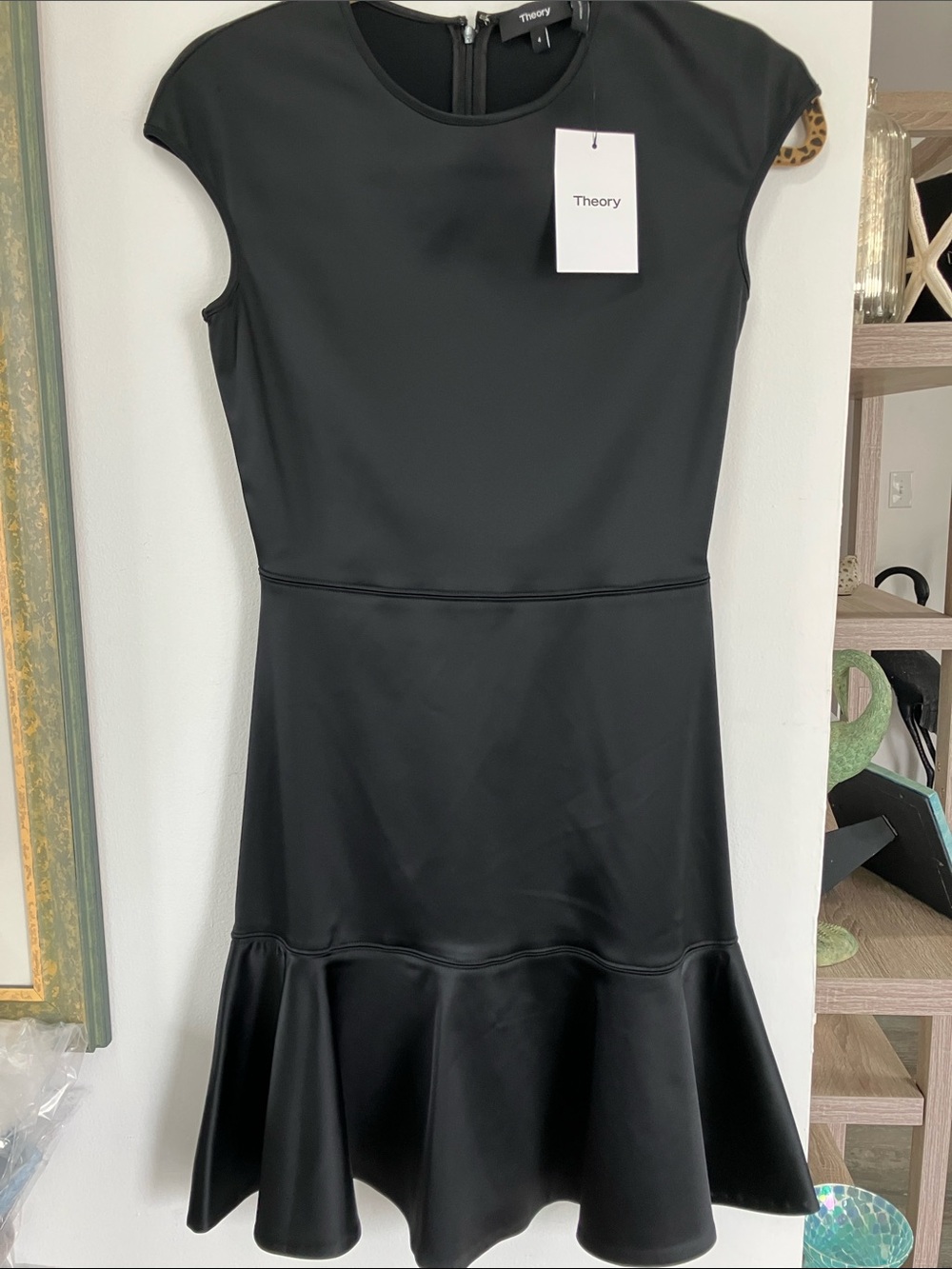 Theory Black Essential Flare W Satin Flounce Mini Dress Cap Sleeve H1009605